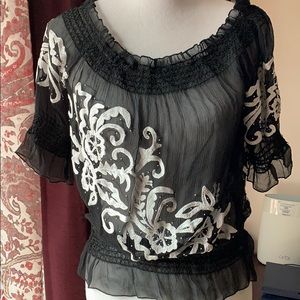 Cache embroidered sheer silk top